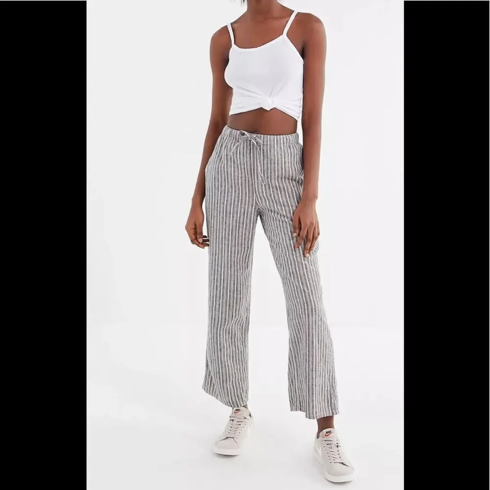 Urban Outfitters Y2K Stripes Blue Linen Drawstring Pull On Cropped Pants S
